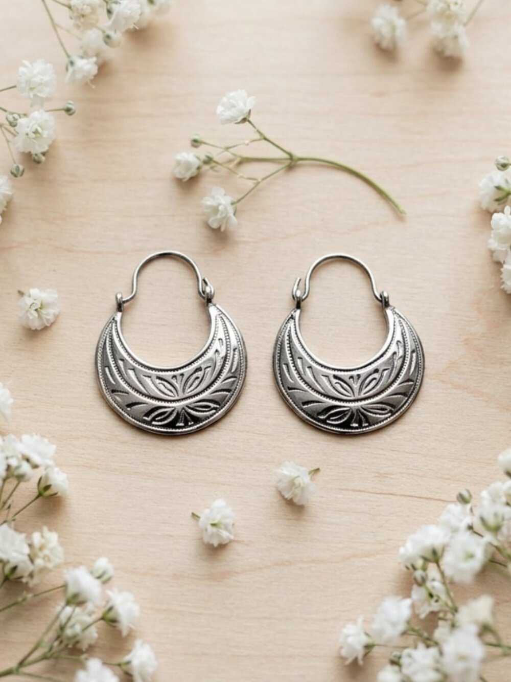 Vintage Sterling Silver Engraved Crescent Hoop Earrings Stamped STER